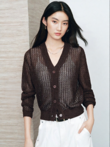 PEACEBIRD | V-Neck Lace Hollow Hem Knit Cardigan