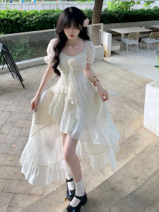 Váy Công Chúa Tay Bồng Không Đối Xứng Kiểu Pháp Thanh Lịch Mùa Hè Cho Nữ Váy Midi Cạp Cao Váy Xếp Nếp Mềm Mại Thanh Lịch