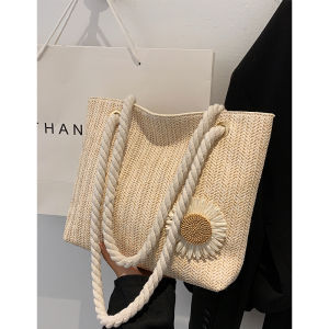 กระเป๋าผ้าแคนวาสถักแบบถือได้สำหรับผู้หญิง กระเป๋าสะพายไหล่ทรงสี่เหลี่ยมผืนผ้าแบบพับไม่ได้ กระเป๋าสะพายไหล่แบบเดี่ยว กระเป๋าถือสำหรับเด็กนักเรียน