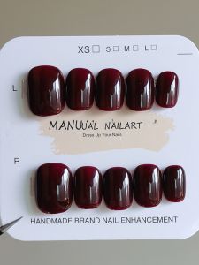 Handmade Short Pure Color Nail Tips Wearable False Nails Red Wine Color Finished Product Easy to Wear Nail Art Patches