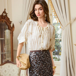 BADINA | Áo Blouse Chiffon Nữ Thêu Nếp Luxurious