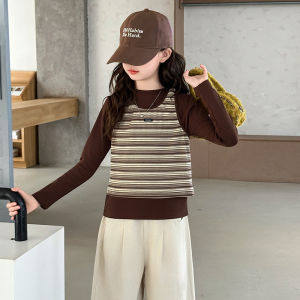 MPW | Fashionable Striped Three-Piece Set For Girls Korean Style Vest T-Shirt And Pants Autumn Clothes Trendy And Stylish Childrens Wear