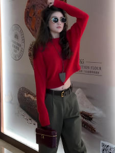 Retro Red Short round Neck Long Sleeve Knitted Sweater Womens Loose Fit Spring Early Season Inner Wear Top Korean Style