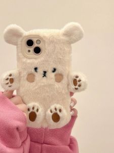 Fall Winter Plush Cartoon Bear Phone Case Womens Style Cute Fluffy Bear Anti-Fall Protection Cover for  14 13 pro Max