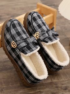 New Arrival Winter Womens Cotton Shoes Old Beijing Cloth Shoes Gingham Peas Fashion Plaid Velvet Thickened Cotton Boots Soft Sole Shoes