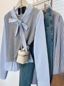 Elegant French Style Striped Shirt with Butterfly Knot Tie Long Sleeve Womens Fashionable Fake Two-Piece Polyester Blend