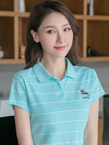 Slim Fit Polo Shirt Women Short Sleeve Striped Turn-down Collar Summer Sport T-shirt Korean Style Commute Geometry Pattern Cotton Polyester