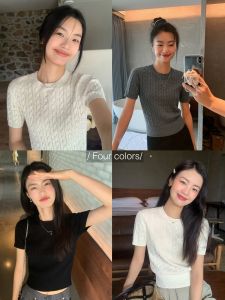 Pusumede White Vintage Short Sleeve Knitted Top Women Summer Thin Versatile T-Shirt round Neck Waist Cinched Short Length Top
