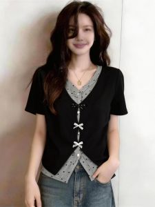 Slimming Fake Two-Piece V-Neck Short-Sleeved French Style Dot Pattern Top
