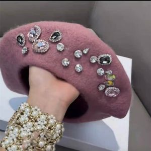 หมวกเบเรี่ยมผ้าขนสัตว์ DIY ประดับเพชรเทียมเย็บมือ อุปกรณ์ทำมือ หมวก อุปกรณ์ทำเครื่องประดับแฟชั่นใหม่