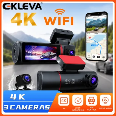 Ekleva 3 Kênh 4K Dash Cam Cho Xe Ô Tô Máy Ảnh Phía Trước Bên Trong Phía Sau ba hướng Dashcam Wifi quan sát ban đêm IR Đầu ghi Video DVR cho xe hơi