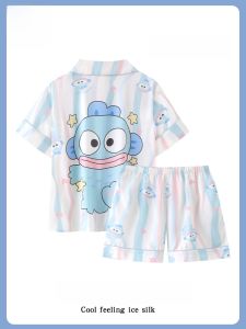 MiiOW | Kids Summer Sleepwear Ice Silk Short Sleeve Shorts Home Clothes Set Cartoon Teenage Girls Comfortable Breathable Polyester Fiber