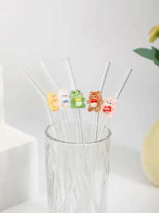 5PCS Animal Glass Straw Set Bear/Rabbit/Frog/Duck/Cat Designs for Tea Drinks & Cocktails. Essential for Parties Picnics