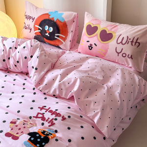 Cotton Bedding Set 1.8m Pink Polka Dot Towel Embroidery Four-Piece Suite Cute Girl Heart Korean Style Three-Piece Quilt Cover