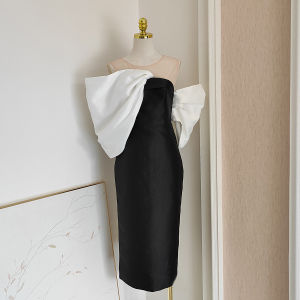 New bow French elegant high-waisted dress
