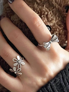 Srrmhn Cut Out Flower Bow Tie Ring Female Retro Fashion S925 Silver Sweet Elegance Open Ring Ins