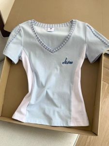 Mint Green And White Splice Short Sleeve T-Shirt Womens Summer New Waist Shaping Slim Design Sense Top Korean Style Commute