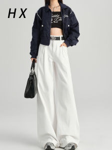 American Style High Waist Wide Leg Denim Pants Womens Folded Hem Long Trousers Loose Slimming Straight Floor-Length Jeans