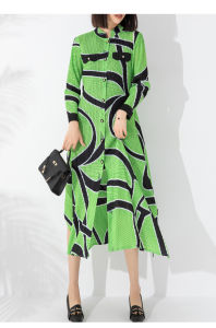 Chất lượng Nova⭐Một người một pleat⭐In thời trang Một hàng khuy Miyake Miyake gấp váy cá tính phụ nữ mùa thu mới gấp chín điểm tay Áo Đầm dài