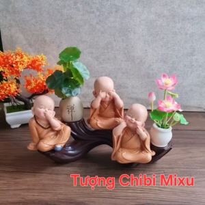 Bộ Tam Không áo nâu 10cm kèm chân đế gốc cây 5 ô ngang 24cm trang trí