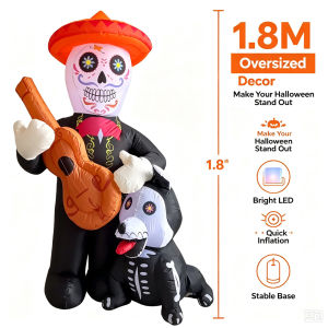6FT Inflatable Skeleton Guitarist Built-in LED Day of the Dead & Halloween Decoration for Indoor/Outdoor Yard Patio Party Decor