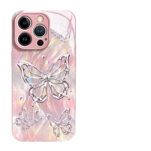 Case For iPhone 15 Pro Max 14Pro 13Pro Glass Back Soft Frame Hard Phone Cover Wiht Hand Strap Gilded Butterfly 11ProMax 14Plus 15Plus XSMAX XR
