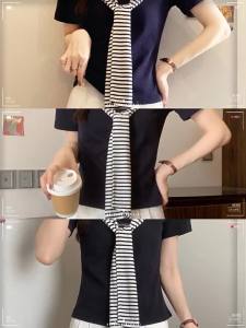 AIYITI | Age-reducing Striped Bowtie Navy Collar Short Sleeve T-Shirt