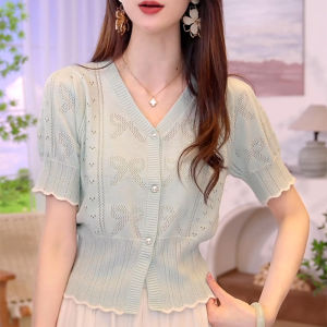 Shalldoer | Áo len cardigan hở cổ chữ V tay ngắn mỏng thoáng khí mùa hè cho nữ Áo thun ngắn đa năng phong cách Hàn Quốc màu trơn