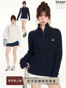 Áo Len Dệt Kim Cổ Cao Nửa Khóa Kéo Dáng Rộng Phong Cách Mỹ Mùa Thu Đông Cho Nữ Áo Len Cardigan Bên Trong Thoải Mái Thường Ngày