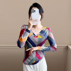 REHIN Womens Mesh V-Neck Color Blocks Printed Long Sleeve T-shirt Slim Fit Stretch Autumn Winter Fashion Blouse