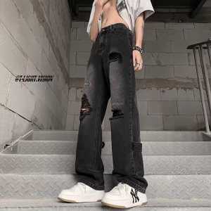 High Street Retro Denim Boys Crotch Trendy Ripped Pants Loose American Handsome Wide Leg Washed Daddy Pants