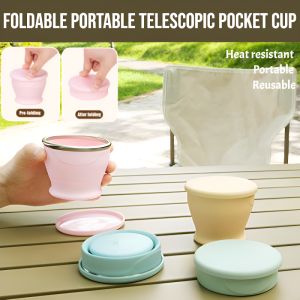 【Food Grade】Foldable Portable Telescopic Pocket Cup Reusable Silicon Collapsible Cup Travel Camping Folding Cup 120 Degrees Heat Resistance