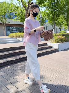 Shalldoer | Ladies Lazy Style Casual Shirt And Nine-Piece Pants Two-Piece Set Pure Color Summer Fashion Korean Brand Xiangduer Clothing