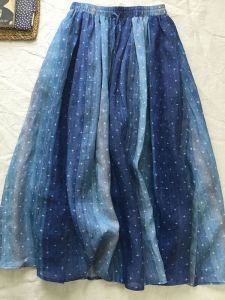 Blue Shivering Dots Ramie Skirt Womens Summer Gradient Contrast Mid Length Long Length Ethereal Swing Cotton Linen A- line Skirt
