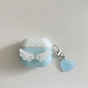 Fresh Blue Wave Point Stereoscopic Wings Love With Pendant Shock Proof Earphone Cover Case for AirPods 1 or 2 3 4 Pro 2