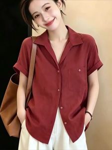 AIYITI | Elegant French Style Short Sleeve Blouse for Curvy Women Red Summer