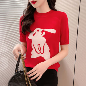 LUCKIN ถักแขนสั้นผู้หญิง เสื้อคอกลมสำหรับผู้หญิงฤดูร้อนกระต่าย เสื้อเสื้อยืดผ้า ขนาดใหญ่มาก