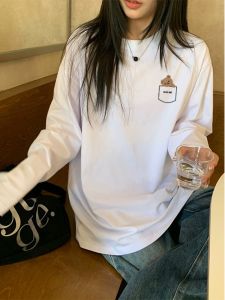 เสื้อยืดคอกลมแขนยาวผ้าฝ้ายแท้สีขาว ทรงหลวม ฤดูใบไม้ผลิ ฤดูใบไม้ร่วง ฤดูหนาว เสื้อชั้นในแบบมีขนแกะ เสื้อตัวบนสบายๆ สำหรับผู้หญิง