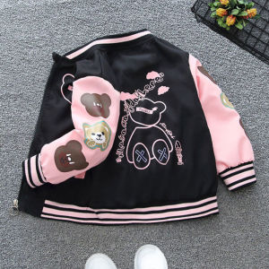 2 Color 3 4 5 6 8 10 12 Years Girls Jacket Cartoon Bear Letter Print Long Sleeve Baseball Uniform For Teen Kids Sport Outerwer