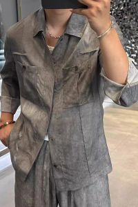 Summer Mens Long Sleeve Shirt Lightweight Breathable Silk Linen Charcoal Grey Luxury Casual Outerwear Thin Style Fashionable
