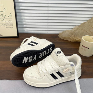 Spring 2025 Womens Creamy Thick Bottom Sneakers Versatile Sporty Casual Board Shoes round Toe Rubber Outsole mid Heel