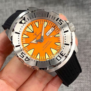 Luminous 42mm 200M Diving AR Sapphire Crystal Monster Orange Dial NH36A Mens Automatic Watch 3.8 oclock Day Lume Rubber