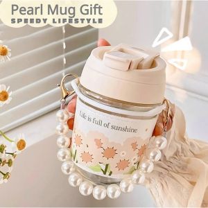 Fashion Flower Pattern Coffee Mug With Pearl Hand Necklace Flask Travel Glass Cup Gifts 2 Color Optional