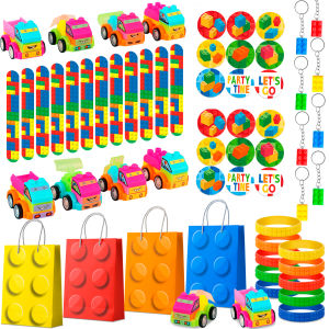 Potdemiel | 62 Pcs Building Blocks Party Favors-Building Block Favor Bags Keychains Slap Bracelets Etc Building Block Birthday Party Favors