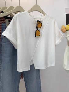 Áo Thun Nữ Tay Ngắn Cổ Tròn Rộng Rãi Mùa Hè Áo Thun Cotton Đơn Giản Thiết Kế Cổ Tròn Dài Vừa Phải Màu Trắng