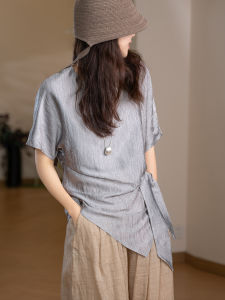 XIAOER | Soft Glowing Acetate Short Sleeve Blouse with Ruffled and Asymmetric Hem
