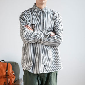 Japanese Style Vintage Vertical Stripes Long Sleeves Shirt Mens Hong Kong Style K-style Trendy Spring Niche Style Casual Bottoming Shirt Outwear