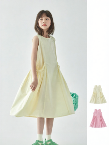KECHU | Girls Sleeveless Pure Color Dress With Ruffle Edge And Pockets Mid-length