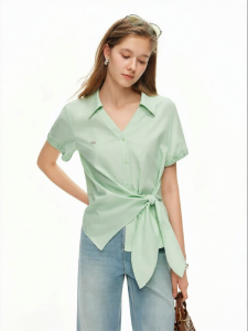 DUSHU | Irregular Sash Waist Shirt Womens Summer Commute Casual Blouse