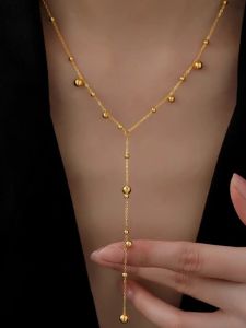 สร้อยคอโซ่ยาวแบบ Y ทำจากไททาเนียม ไม่ซีดจาง ลูกปัดกลม ลูกปัดทองเล็ก เครื่องประดับแฟชั่นสำหรับผู้หญิง